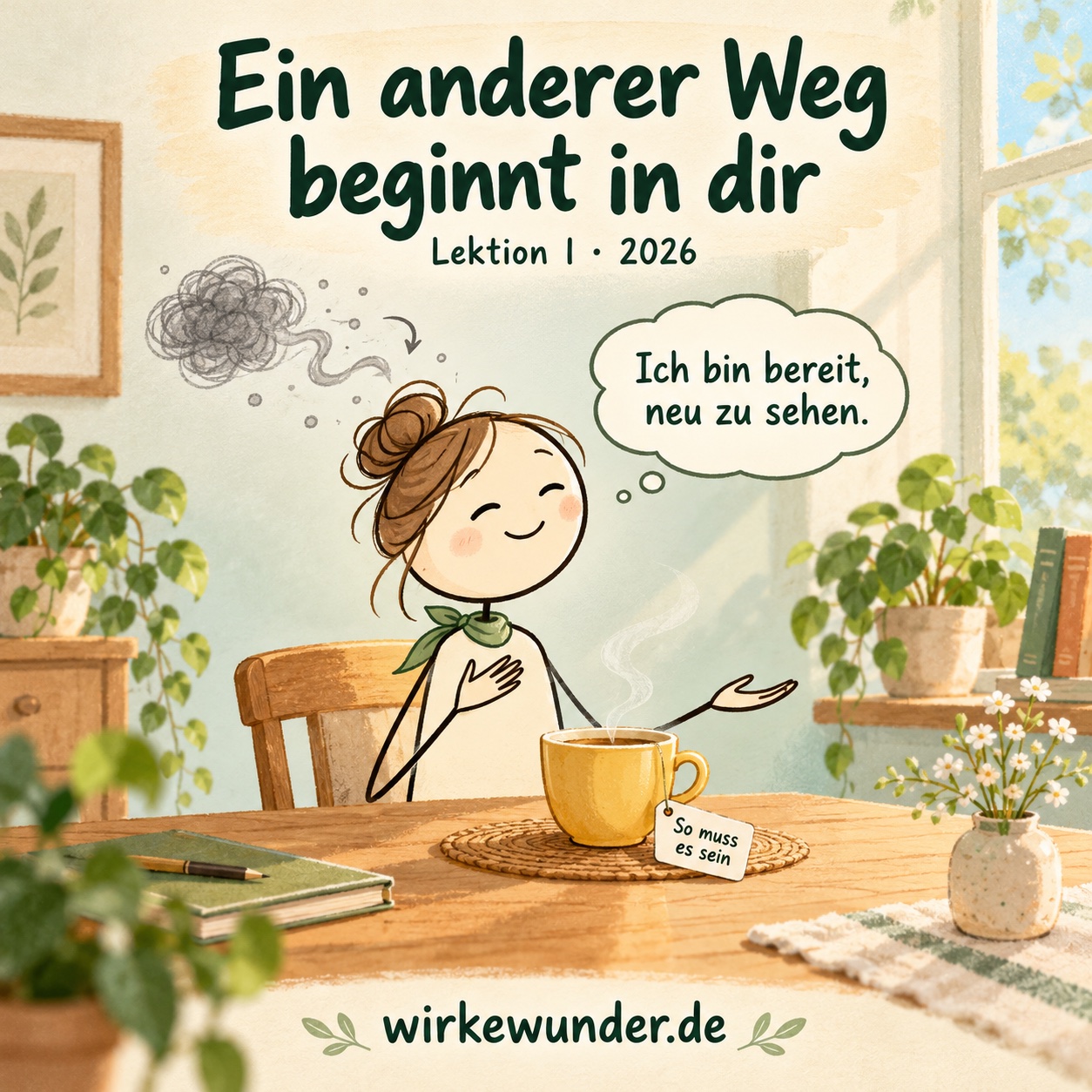 Eine freundliche Strichfigur sitzt mit grünem Halstuch am Tisch vor einer gelben Tasse. An der Tasse hängt das Etikett „So muss es sein“. Sie denkt: „Ich bin bereit, neu zu sehen.“ Eine graue Gedankenwolke wird lichter. Darüber: „Ein anderer Weg beginnt in dir“; unten wirkewunder.de.
