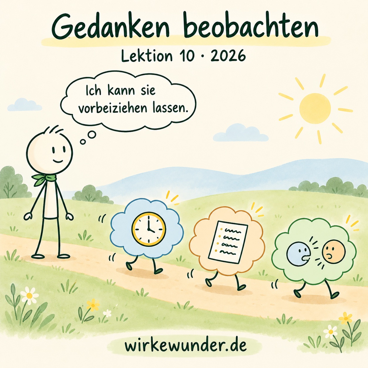 Eine männliche Strichfigur mit grünem Halstuch beobachtet am Wegrand eine humorvolle Prozession aus drei Gedankenwolken auf kleinen Füßen: Uhr, Liste und diskutierende Gesichter. Sie denkt: „Ich kann sie vorbeiziehen lassen.“ Darüber: „Gedanken beobachten“; unten wirkewunder.de.