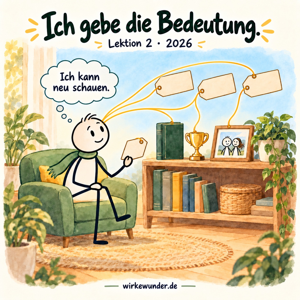 Eine männliche Strichfigur sitzt im grünen Sessel und hält ein leeres Etikett. Drei goldene Fäden führen von ihrem Kopf zu drei weiteren leeren Etiketten über Buch, Pokal und Paarfoto. Sie denkt: „Ich kann neu schauen.“ Darüber: „Ich gebe die Bedeutung.“; unten wirkewunder.de.