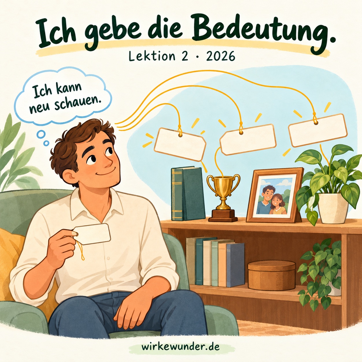 Ein freundlich gezeichneter Mann betrachtet schwebende leere Bedeutungsetiketten, die von seinen Gedanken zu Buch, Trophäe und Foto führen. Er hält ein weiteres Etikett locker in der Hand und denkt: „Ich kann neu schauen.“ Darüber: „Ich gebe die Bedeutung.“; unten wirkewunder.de.