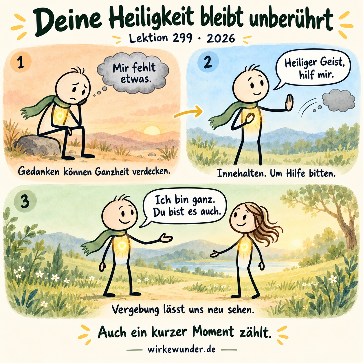 Drei Szenen mit Strichfiguren: Der Gedanke „Mir fehlt etwas.“ verdeckt die vorhandene Ganzheit. Innehalten und die Bitte „Heiliger Geist, hilf mir.“ öffnen eine neue Sicht. Zwei Menschen begegnen sich mit dem Gedanken „Ich bin ganz. Du bist es auch.“ Das innere Licht bleibt in allen Szenen vorhanden.
