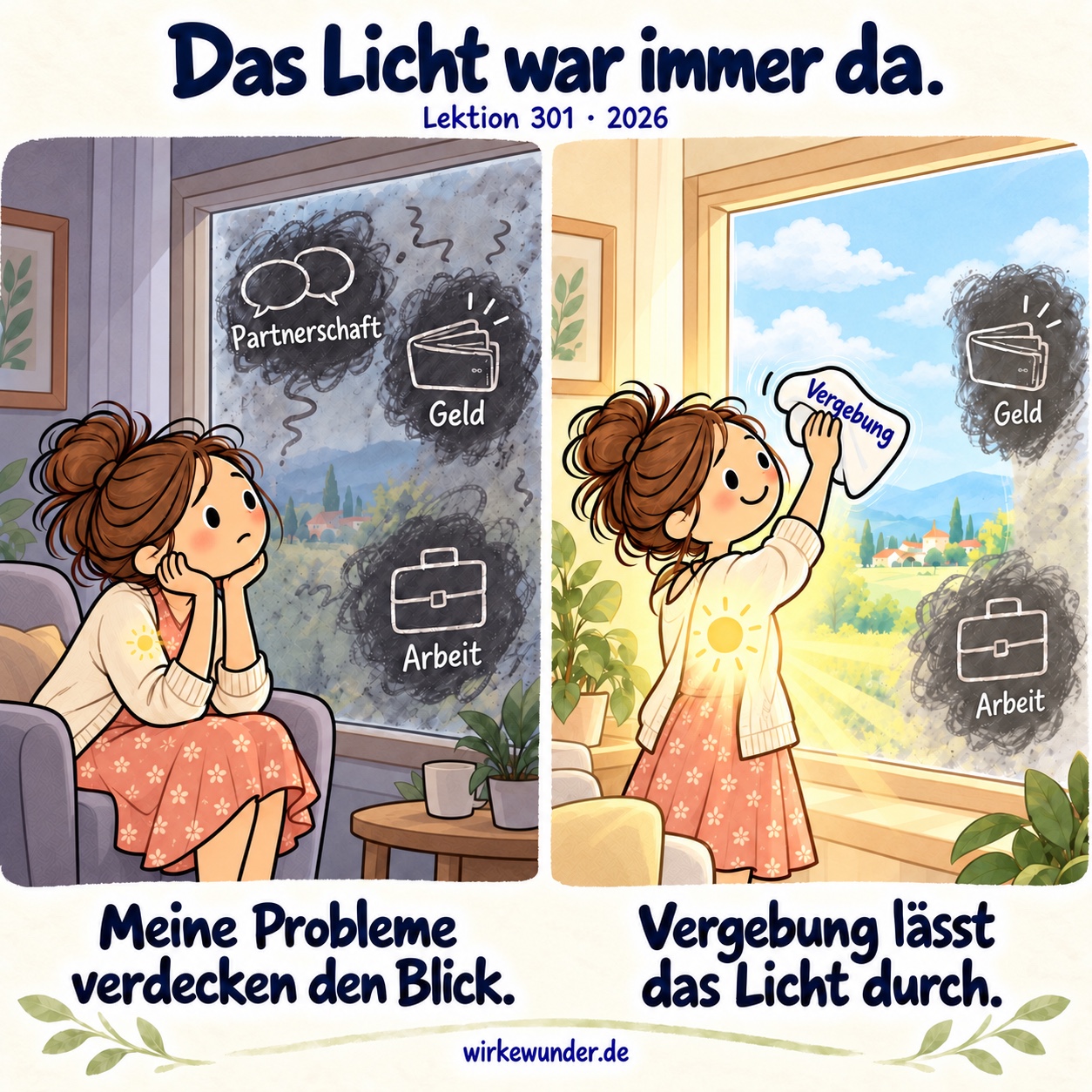 Eine Frau sitzt bedrückt vor einer Scheibe mit Gedanken an Partnerschaft, Geld und Arbeit. Dann wischt sie mit einem Tuch der Vergebung einen Fleck weg, und das Licht in ihr erhellt den Raum.