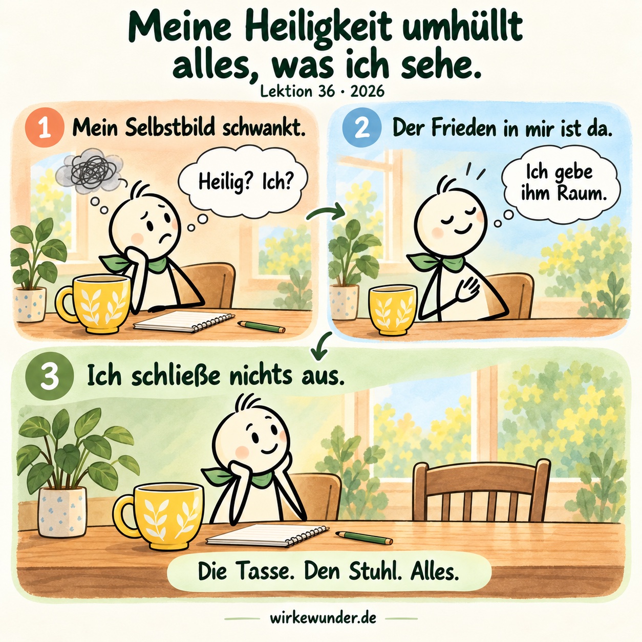 Drei Szenen mit einer einfachen Strichfigur und grünem Halstuch: Das Selbstbild schwankt, der innere Frieden wird anerkannt und die friedliche Sicht schließt Tasse, Stuhl und die übrigen Dinge ein.