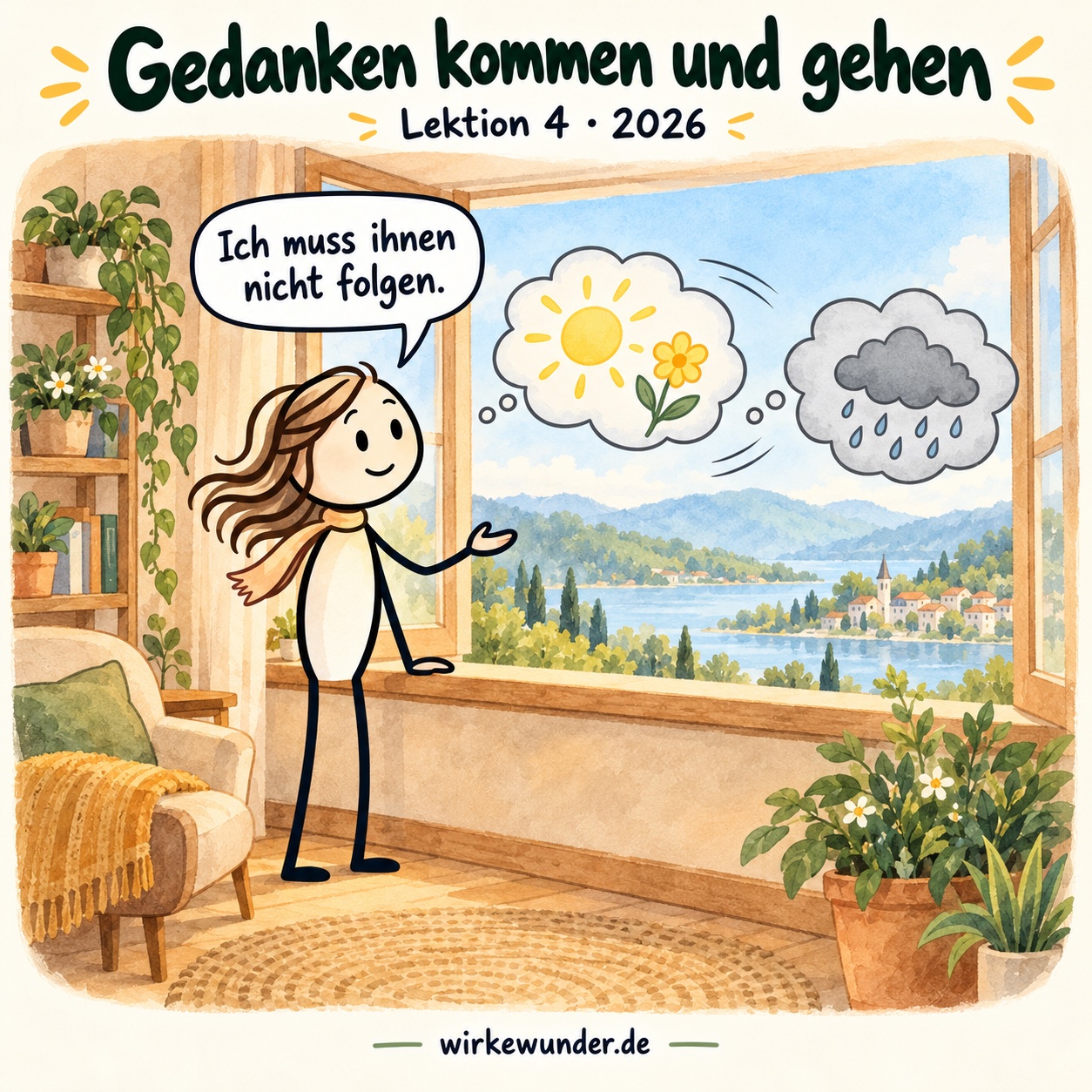 Eine weibliche Strichfigur mit Linienbeinen steht am offenen Fenster, eine Hand auf dem Fensterbrett und eine offen. Sie beobachtet gleichwertige Gedankenblasen mit Sonne und Blume sowie Regenwolke. Sie sagt: „Ich muss ihnen nicht folgen.“ Darüber: „Gedanken kommen und gehen“; unten wirkewunder.de.