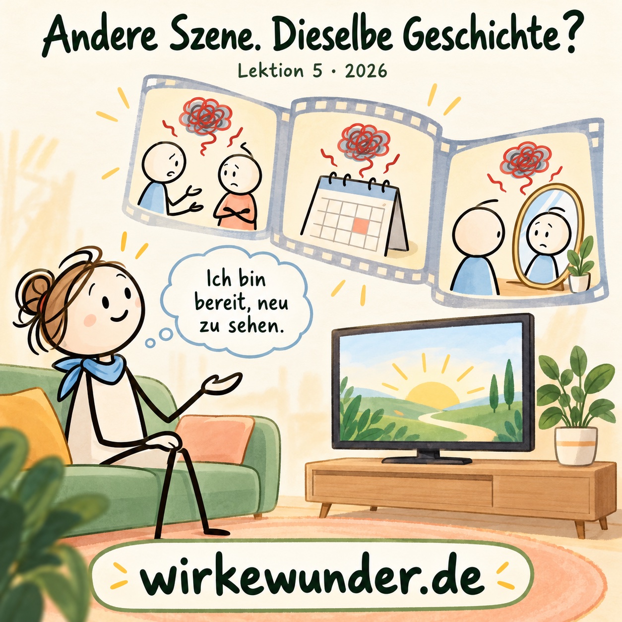 Eine weibliche Strichfigur auf dem Sofa betrachtet drei Filmszenen mit Gespräch, Kalender und Spiegel. In jeder erscheint dieselbe Ärgerwolke. Sie denkt: „Ich bin bereit, neu zu sehen.“ Darüber: „Andere Szene. Dieselbe Geschichte?“; unten wirkewunder.de.