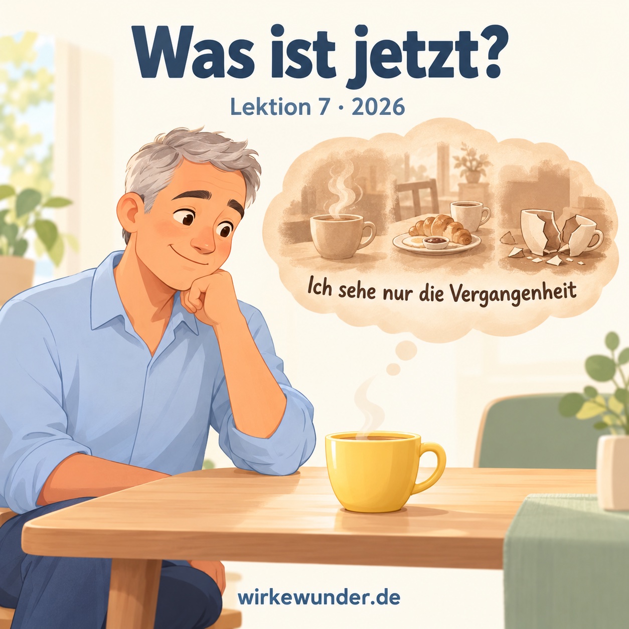 Ein freundlich gezeichneter Mann hält vor einer gelben Tasse inne. Eine sepiafarbene Gedankenwolke zeigt Erinnerungen an dampfende Tasse, Frühstück und zerbrochene Tasse. Die wirkliche Tasse bleibt unversehrt. Darüber: „Was ist jetzt?“ und „Ich sehe nur die Vergangenheit“; unten wirkewunder.de.
