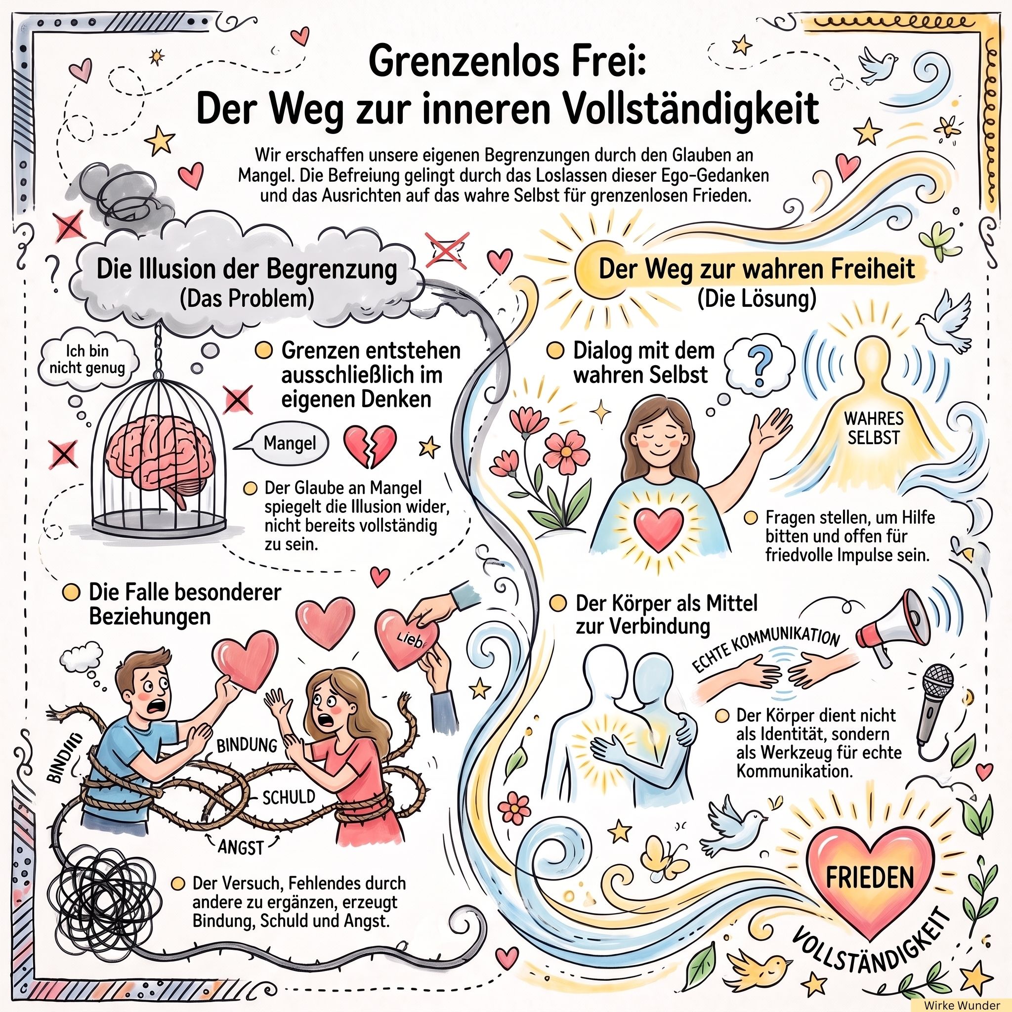 Zweiteilige Grafik: Links stehen Mangeldenken, besondere Beziehungen und Bindung; rechts die Hinwendung zum wahren Selbst, Kommunikation, Frieden und Vollständigkeit.