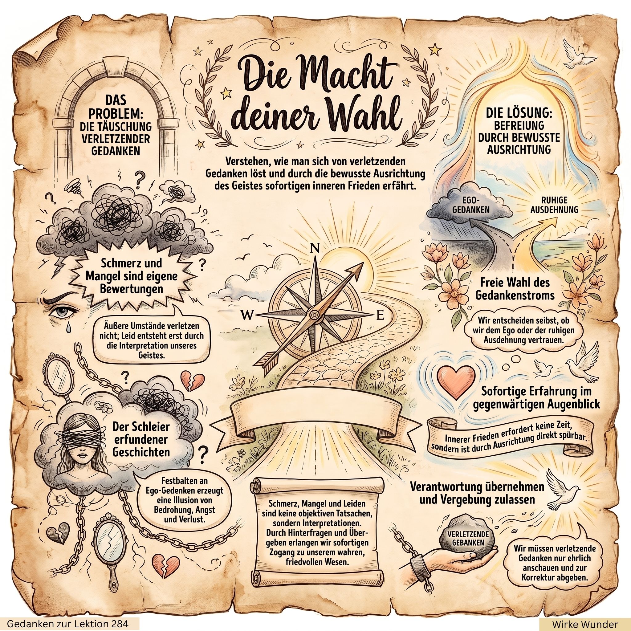 Grafik mit einem Kompass: Links stehen verletzende Gedanken, Mangel und erfundene Geschichten. Rechts führt die bewusste Wahl des Gedankenstroms zu innerem Frieden und zur Bereitwilligkeit, Vergebung zuzulassen.