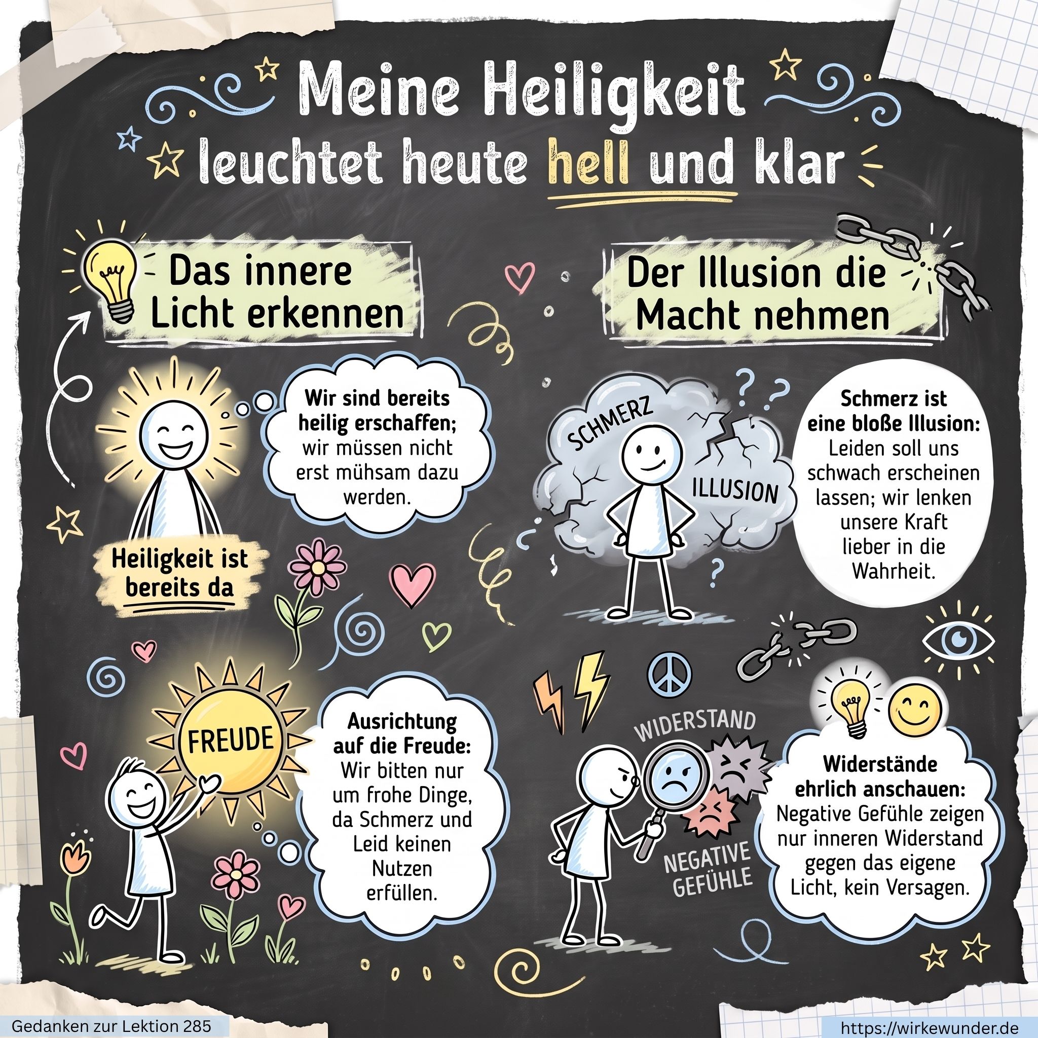 Grafik zu Lektion 285: Das innere Licht erkennen, der Illusion die Macht nehmen, sich auf Freude ausrichten und Widerstände ehrlich anschauen.
