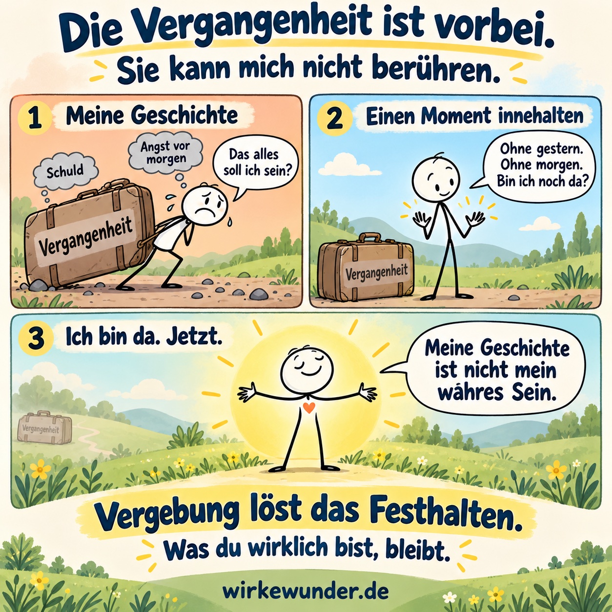 Drei Comicszenen: Ein Strichmännchen trägt einen schweren Koffer namens Vergangenheit, hält inne und erkennt im Jetzt, dass seine Geschichte nicht sein wahres Sein ist. Vergebung löst das Festhalten.