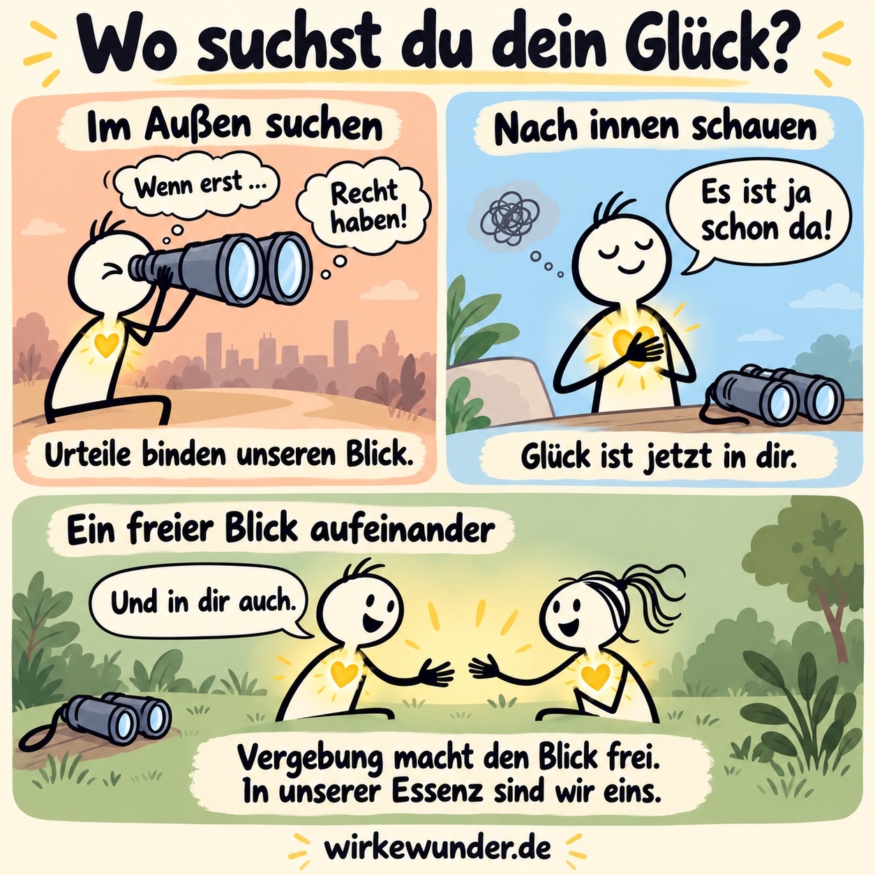 Ein Strichmännchen sucht mit einem Fernglas im Außen nach Glück und entdeckt beim Innehalten, dass es bereits in ihm ist. Zwei Menschen erkennen dasselbe innere Glück ineinander. Vergebung macht den Blick frei.