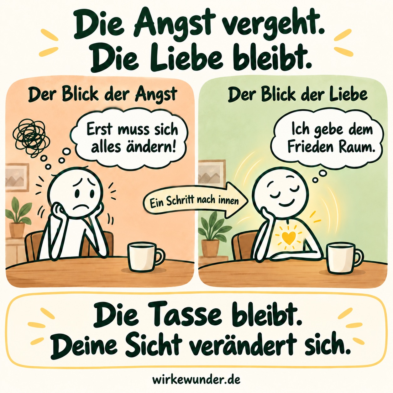 Zwei Comicszenen mit derselben Tasse am Tisch: Ein besorgter Mensch fordert, dass sich zuerst alles ändern müsse. Derselbe Mensch gibt innerlich dem Frieden Raum. Die Tasse bleibt, die Sicht verändert sich. Unten steht wirkewunder.de.